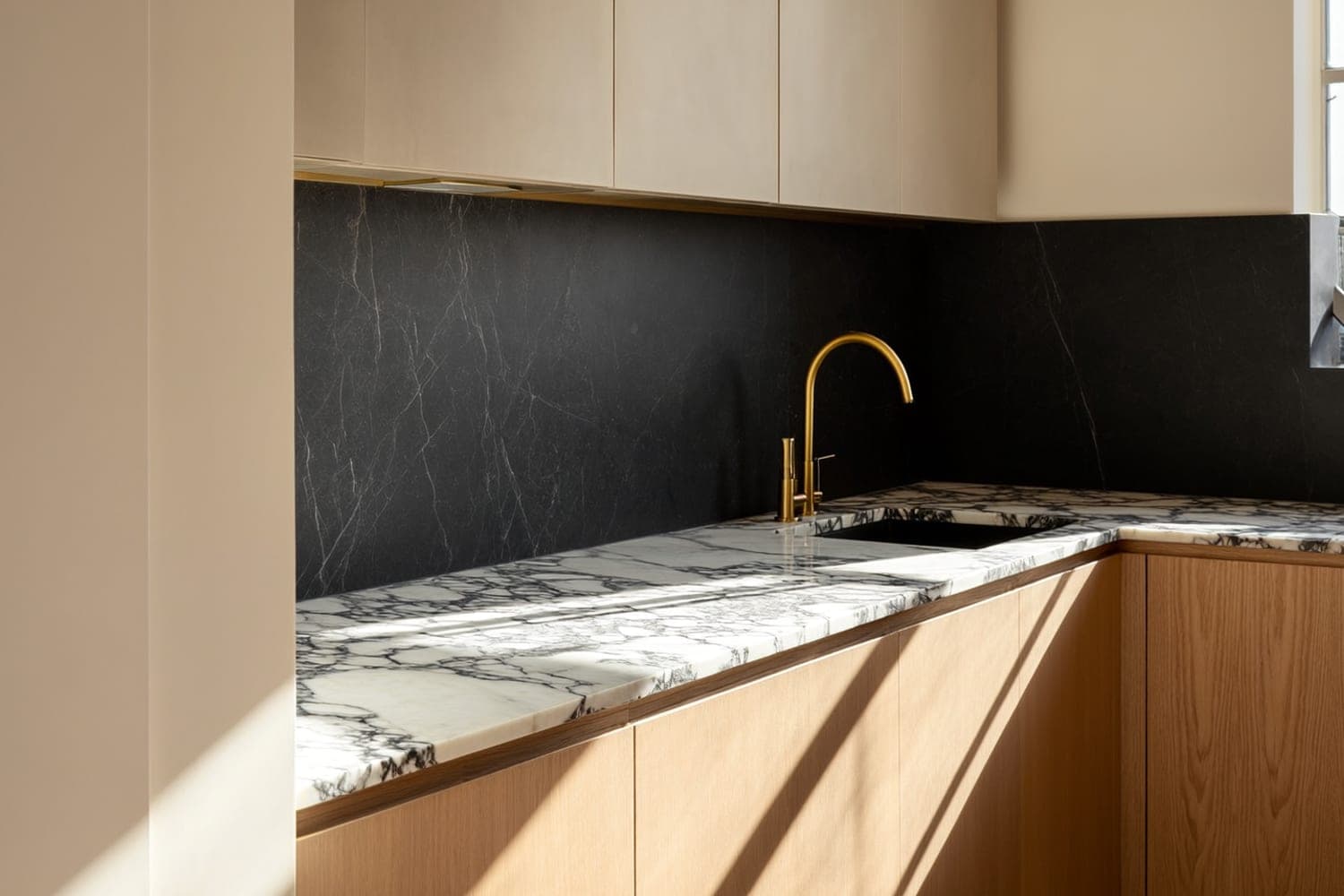 Crédence travertin gris derrière cuisinière, appartement haussmannien