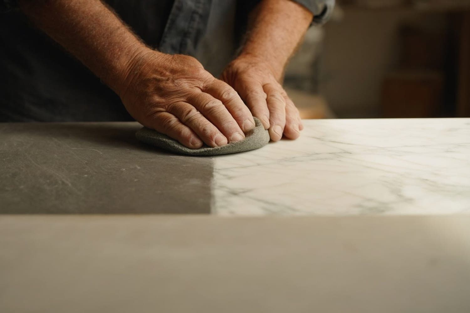 Plan de travail en pierre claire avant repolissage, surface terne