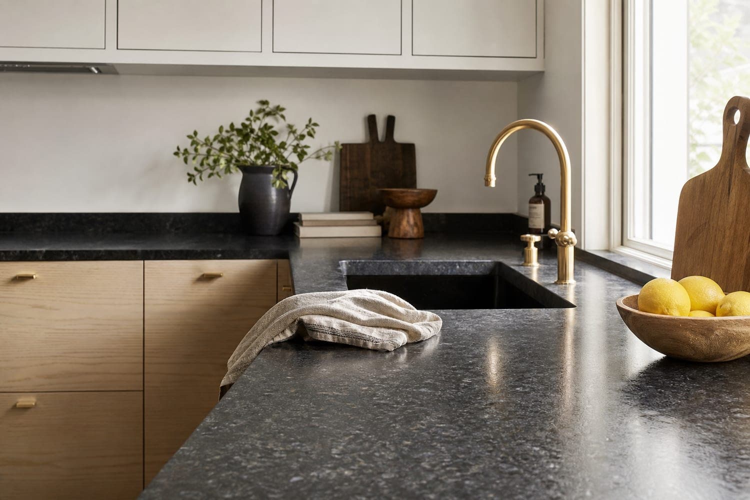 Évier monolithique en granit noir, cuisine design contemporaine