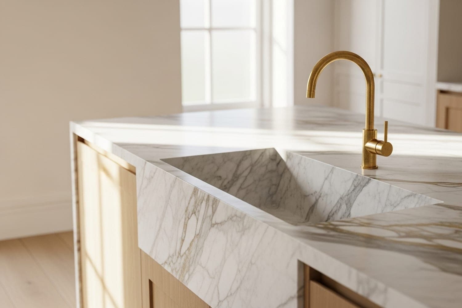Détail cuve polie en quartzite, évier sur mesure