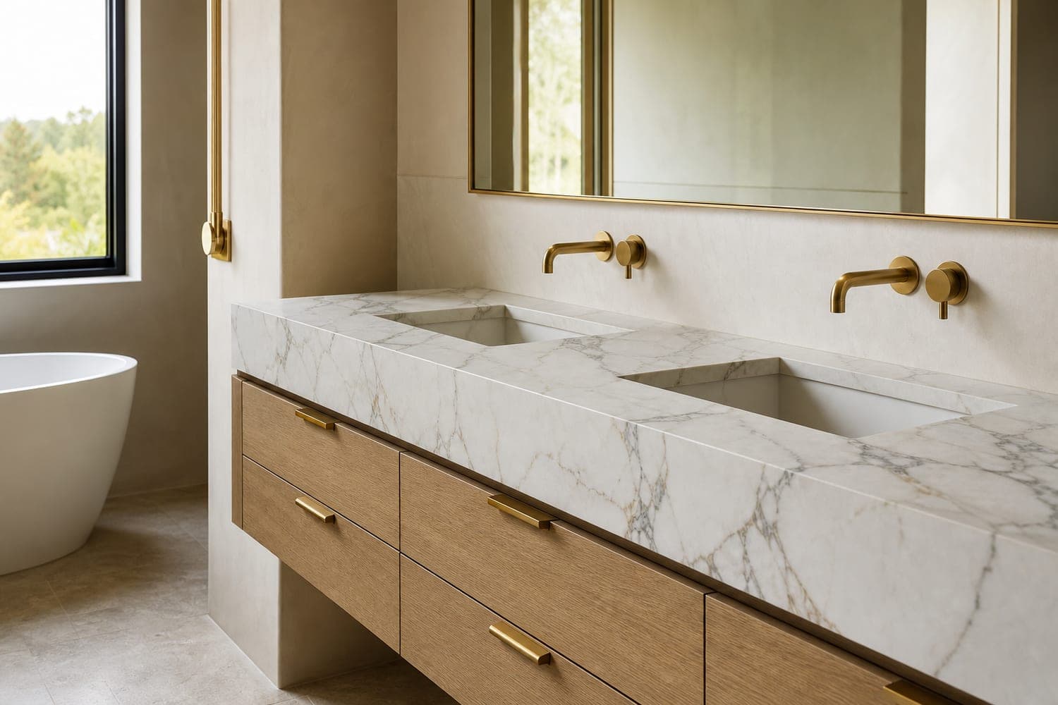 Tablettes flottantes en marbre blanc, salle de bain minimaliste