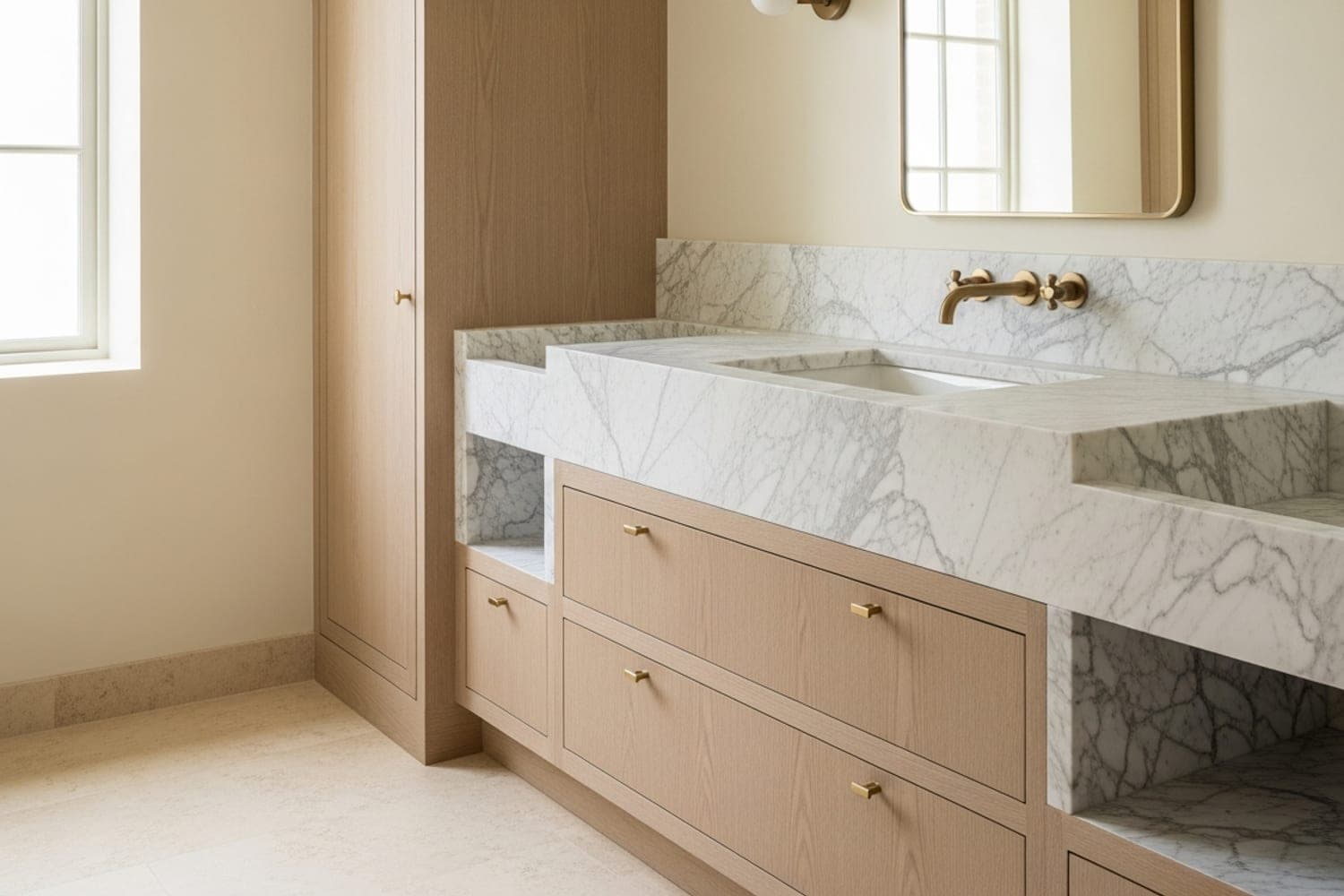 Niche en marbre travertin dans paroi de douche