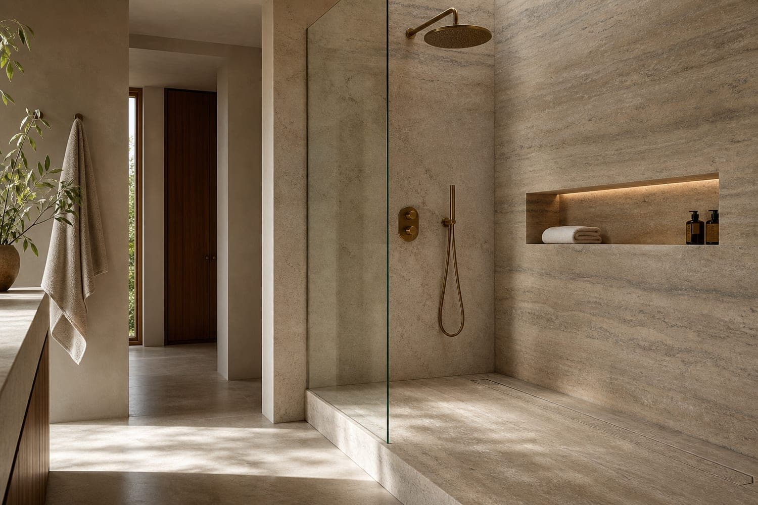 Receveur de douche en granit gris, douche à l'italienne contemporaine